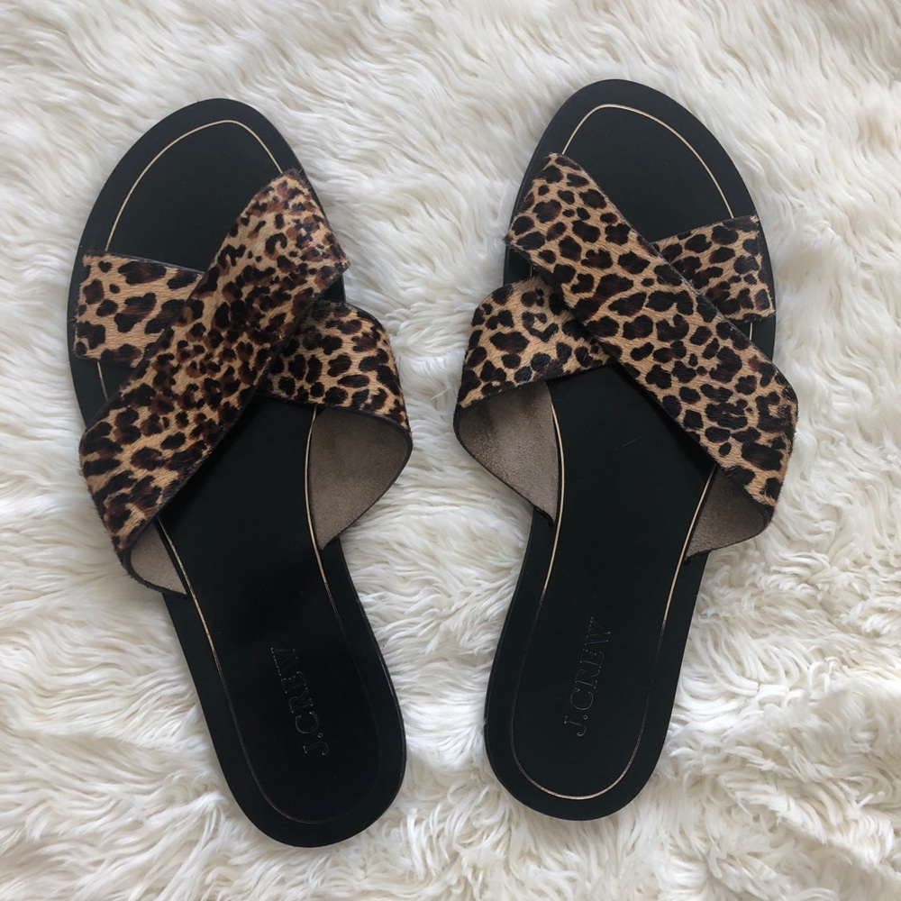 J. Crew leopard “Cyprus” calf hair sandals.